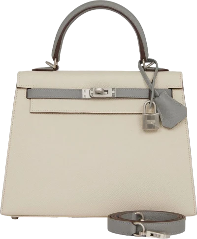 Hermes Special Order (HSS) Kelly Sellier 25 Craie and Gris Mouette Epsom Brushed Palladium Hardware Hermes Special Order (HSS) Kelly Sellier 25 Craie and Gris Mouette Epsom Brushed Palladium Hardware