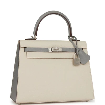 Hermes Special Order (HSS) Kelly Sellier 25 Craie and Gris Mouette Epsom Brushed Palladium Hardware Hermes Special Order (HSS) Kelly Sellier 25 Craie and Gris Mouette Epsom Brushed Palladium Hardware