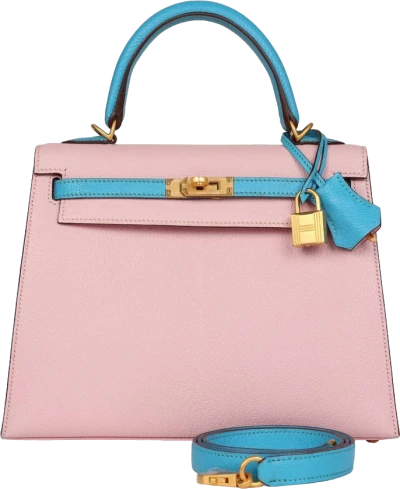 Hermes Special Order (HSS) Kelly Sellier 25 Rose Sakura and Bleu Aztec Chevre Brushed Gold Hardware Hermes Special Order (HSS) Kelly Sellier 25 Rose Sakura and Bleu Aztec Chevre Brushed Gold Hardware