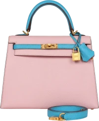 Hermes Special Order (HSS) Kelly Sellier 25 Rose Sakura and Bleu Aztec Chevre Brushed Gold Hardware Hermes Special Order (HSS) Kelly Sellier 25 Rose Sakura and Bleu Aztec Chevre Brushed Gold Hardware