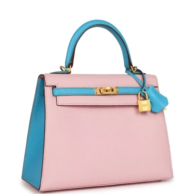 Hermes Special Order (HSS) Kelly Sellier 25 Rose Sakura and Bleu Aztec Chevre Brushed Gold Hardware Hermes Special Order (HSS) Kelly Sellier 25 Rose Sakura and Bleu Aztec Chevre Brushed Gold Hardware