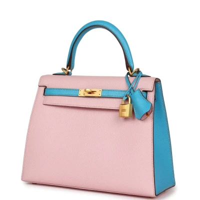 Hermes Special Order (HSS) Kelly Sellier 25 Rose Sakura and Bleu Aztec Chevre Brushed Gold Hardware Hermes Special Order (HSS) Kelly Sellier 25 Rose Sakura and Bleu Aztec Chevre Brushed Gold Hardware