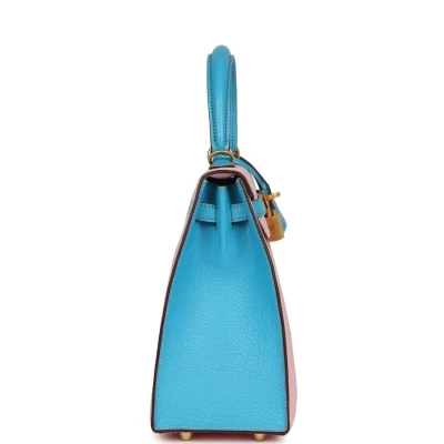 Hermes Special Order (HSS) Kelly Sellier 25 Rose Sakura and Bleu Aztec Chevre Brushed Gold Hardware Hermes Special Order (HSS) Kelly Sellier 25 Rose Sakura and Bleu Aztec Chevre Brushed Gold Hardware