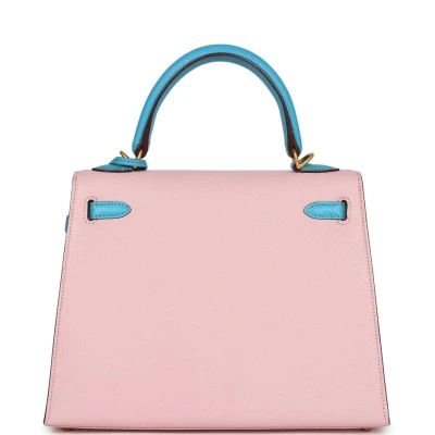 Hermes Special Order (HSS) Kelly Sellier 25 Rose Sakura and Bleu Aztec Chevre Brushed Gold Hardware Hermes Special Order (HSS) Kelly Sellier 25 Rose Sakura and Bleu Aztec Chevre Brushed Gold Hardware
