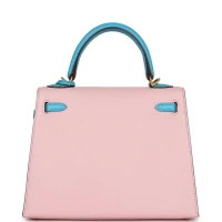 Hermes Special Order (HSS) Kelly Sellier 25 Rose Sakura and Bleu Aztec Chevre Brushed Gold Hardware Hermes Special Order (HSS) Kelly Sellier 25 Rose Sakura and Bleu Aztec Chevre Brushed Gold Hardware