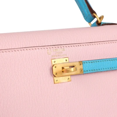 Hermes Special Order (HSS) Kelly Sellier 25 Rose Sakura and Bleu Aztec Chevre Brushed Gold Hardware Hermes Special Order (HSS) Kelly Sellier 25 Rose Sakura and Bleu Aztec Chevre Brushed Gold Hardware