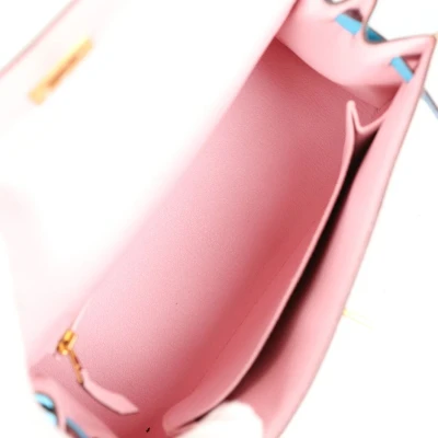 Hermes Special Order (HSS) Kelly Sellier 25 Rose Sakura and Bleu Aztec Chevre Brushed Gold Hardware Hermes Special Order (HSS) Kelly Sellier 25 Rose Sakura and Bleu Aztec Chevre Brushed Gold Hardware