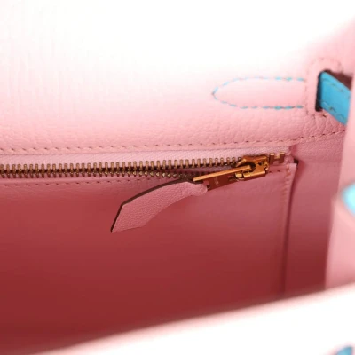 Hermes Special Order (HSS) Kelly Sellier 25 Rose Sakura and Bleu Aztec Chevre Brushed Gold Hardware Hermes Special Order (HSS) Kelly Sellier 25 Rose Sakura and Bleu Aztec Chevre Brushed Gold Hardware