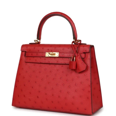 Hermes Special Order (HSS) Kelly Sellier 25 Rouge Vif Verso Ostrich Gold Hardware Hermes Special Order (HSS) Kelly Sellier 25 Rouge Vif Verso Ostrich Gold Hardware