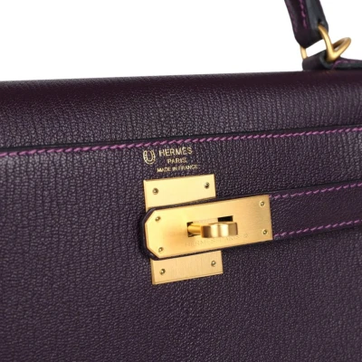 Hermes Special Order (HSS) Kelly Sellier 28 Raisin Verso Chevre Brushed Gold Hardware Hermes Special Order (HSS) Kelly Sellier 28 Raisin Verso Chevre Brushed Gold Hardware