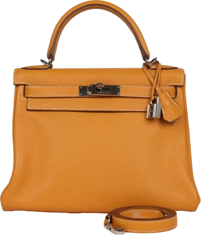 Pre-Owned Hermes Kelly Retourne 28 Moutarde Clemence Palladium Hardware Pre-Owned Hermes Kelly Retourne 28 Moutarde Clemence Palladium Hardware