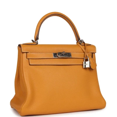 Pre-Owned Hermes Kelly Retourne 28 Moutarde Clemence Palladium Hardware Pre-Owned Hermes Kelly Retourne 28 Moutarde Clemence Palladium Hardware