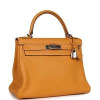 Pre-Owned Hermes Kelly Retourne 28 Moutarde Clemence Palladium Hardware Pre-Owned Hermes Kelly Retourne 28 Moutarde Clemence Palladium Hardware