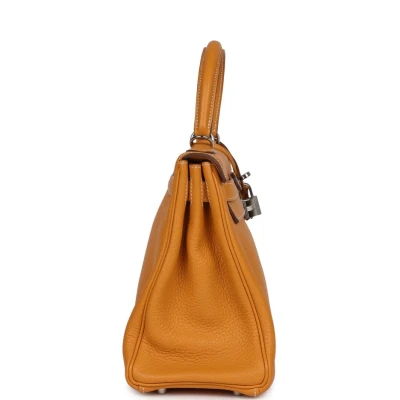 Pre-Owned Hermes Kelly Retourne 28 Moutarde Clemence Palladium Hardware Pre-Owned Hermes Kelly Retourne 28 Moutarde Clemence Palladium Hardware