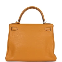 Pre-Owned Hermes Kelly Retourne 28 Moutarde Clemence Palladium Hardware Pre-Owned Hermes Kelly Retourne 28 Moutarde Clemence Palladium Hardware