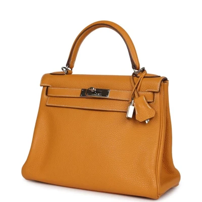Pre-Owned Hermes Kelly Retourne 28 Moutarde Clemence Palladium Hardware Pre-Owned Hermes Kelly Retourne 28 Moutarde Clemence Palladium Hardware