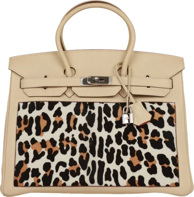 Vintage Hermes Birkin 35 Parchemin Togo and Leopard Troika Palladium Hardware Vintage Hermes Birkin 35 Parchemin Togo and Leopard Troika Palladium Hardware