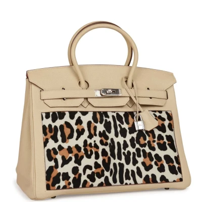 Vintage Hermes Birkin 35 Parchemin Togo and Leopard Troika Palladium Hardware Vintage Hermes Birkin 35 Parchemin Togo and Leopard Troika Palladium Hardware