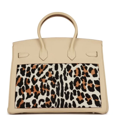 Vintage Hermes Birkin 35 Parchemin Togo and Leopard Troika Palladium Hardware Vintage Hermes Birkin 35 Parchemin Togo and Leopard Troika Palladium Hardware