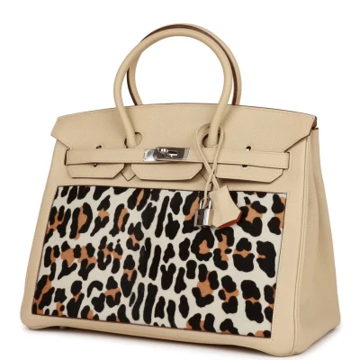 Vintage Hermes Birkin 35 Parchemin Togo and Leopard Troika Palladium Hardware Vintage Hermes Birkin 35 Parchemin Togo and Leopard Troika Palladium Hardware