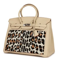 Vintage Hermes Birkin 35 Parchemin Togo and Leopard Troika Palladium Hardware Vintage Hermes Birkin 35 Parchemin Togo and Leopard Troika Palladium Hardware