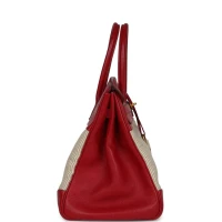 Vintage Hermes Birkin 35 Rouge Vif Buffalo and Crinoline Gold Hardware Vintage Hermes Birkin 35 Rouge Vif Buffalo and Crinoline Gold Hardware
