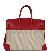 Vintage Hermes Birkin 35 Rouge Vif Buffalo and Crinoline Gold Hardware Vintage Hermes Birkin 35 Rouge Vif Buffalo and Crinoline Gold Hardware