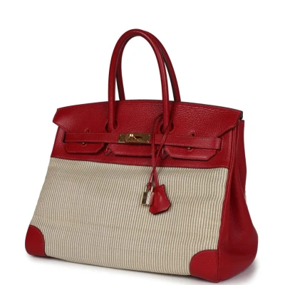 Vintage Hermes Birkin 35 Rouge Vif Buffalo and Crinoline Gold Hardware Vintage Hermes Birkin 35 Rouge Vif Buffalo and Crinoline Gold Hardware
