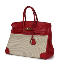 Vintage Hermes Birkin 35 Rouge Vif Buffalo and Crinoline Gold Hardware Vintage Hermes Birkin 35 Rouge Vif Buffalo and Crinoline Gold Hardware