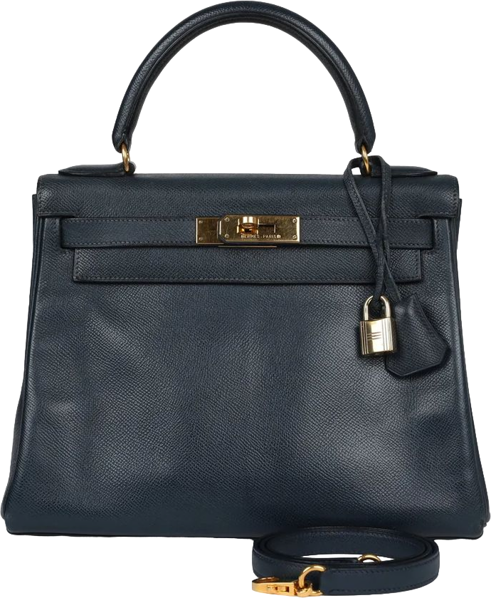 Vintage Hermes Kelly Retourne 28 Bleu Marine Courchevel Gold Hardware