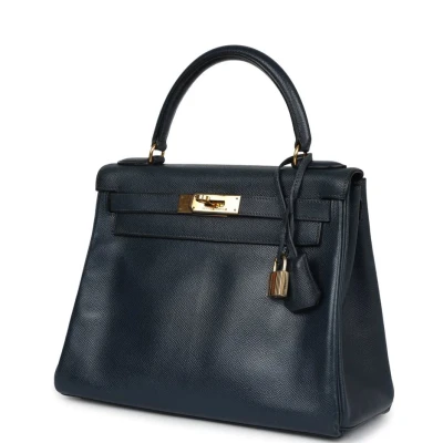 Vintage Hermes Kelly Retourne 28 Bleu Marine Courchevel Gold Hardware Vintage Hermes Kelly Retourne 28 Bleu Marine Courchevel Gold Hardware