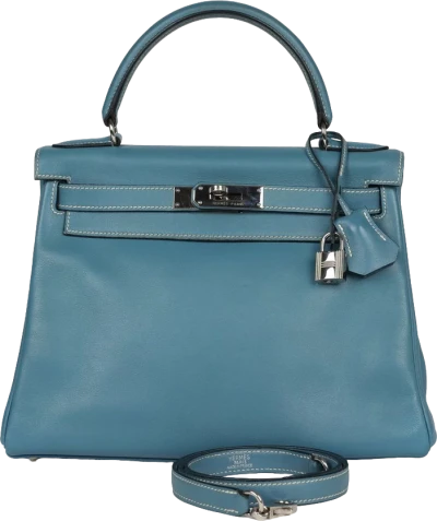 Vintage Hermes Kelly Retourne 28 Blue Jean Gulliver Palladium Hardware Vintage Hermes Kelly Retourne 28 Blue Jean Gulliver Palladium Hardware