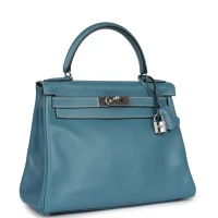 Vintage Hermes Kelly Retourne 28 Blue Jean Gulliver Palladium Hardware Vintage Hermes Kelly Retourne 28 Blue Jean Gulliver Palladium Hardware