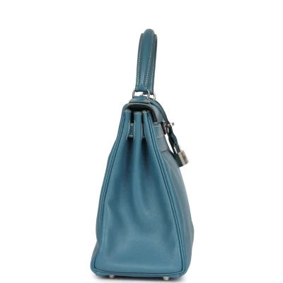 Vintage Hermes Kelly Retourne 28 Blue Jean Gulliver Palladium Hardware Vintage Hermes Kelly Retourne 28 Blue Jean Gulliver Palladium Hardware