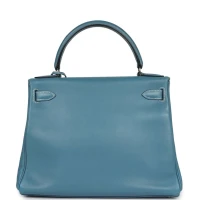 Vintage Hermes Kelly Retourne 28 Blue Jean Gulliver Palladium Hardware Vintage Hermes Kelly Retourne 28 Blue Jean Gulliver Palladium Hardware