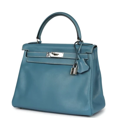 Vintage Hermes Kelly Retourne 28 Blue Jean Gulliver Palladium Hardware Vintage Hermes Kelly Retourne 28 Blue Jean Gulliver Palladium Hardware