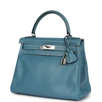Vintage Hermes Kelly Retourne 28 Blue Jean Gulliver Palladium Hardware Vintage Hermes Kelly Retourne 28 Blue Jean Gulliver Palladium Hardware