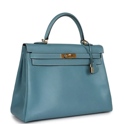 Vintage Hermes Kelly Retourne 35 Bleu Jean Epsom Gold Hardware