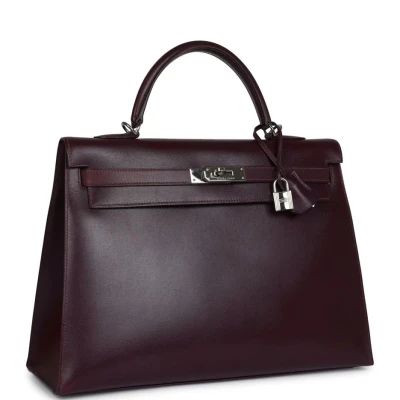 Vintage Hermes Kelly Sellier 35 Raisin Box Palladium Hardware