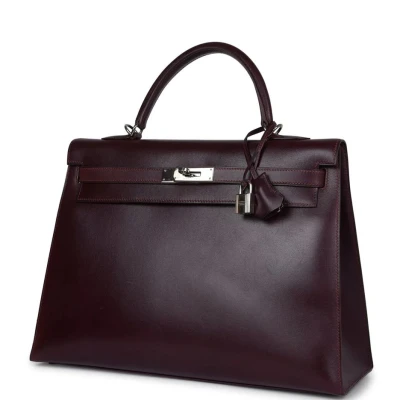 Vintage Hermes Kelly Sellier 35 Raisin Box Palladium Hardware