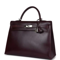 Vintage Hermes Kelly Sellier 35 Raisin Box Palladium Hardware