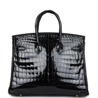 Hermes Birkin 25 Black Shiny Niloticus Crocodile Gold Hardware