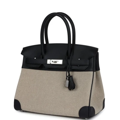 Hermes Birkin 30 Bivouac Ficelle Canvas and Black Swift Palladium Hardware