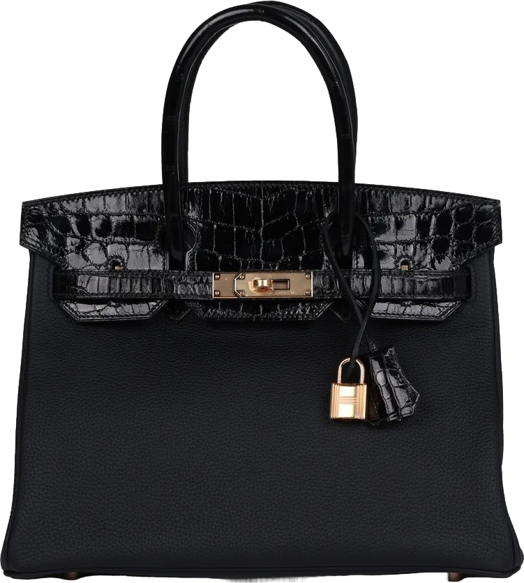 Hermes Birkin 30 Black Shiny Niloticus Crocodile and Togo Touch Rose Gold Hardware