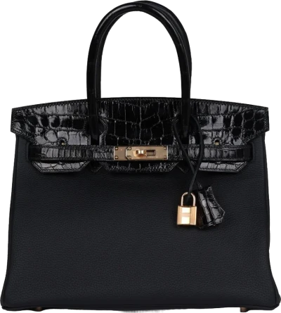 Hermes Birkin 30 Black Shiny Niloticus Crocodile and Togo Touch Rose Gold Hardware Hermes Birkin 30 Black Shiny Niloticus Crocodile and Togo Touch Rose Gold Hardware