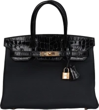 Hermes Birkin 30 Black Shiny Niloticus Crocodile and Togo Touch Rose Gold Hardware Hermes Birkin 30 Black Shiny Niloticus Crocodile and Togo Touch Rose Gold Hardware