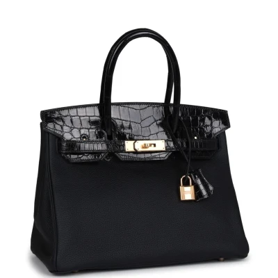Hermes Birkin 30 Black Shiny Niloticus Crocodile and Togo Touch Rose Gold Hardware Hermes Birkin 30 Black Shiny Niloticus Crocodile and Togo Touch Rose Gold Hardware