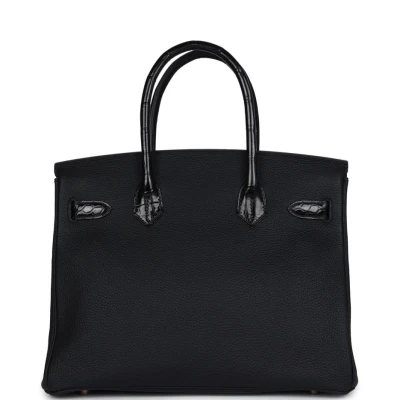 Hermes Birkin 30 Black Shiny Niloticus Crocodile and Togo Touch Rose Gold Hardware Hermes Birkin 30 Black Shiny Niloticus Crocodile and Togo Touch Rose Gold Hardware