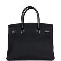 Hermes Birkin 30 Black Shiny Niloticus Crocodile and Togo Touch Rose Gold Hardware Hermes Birkin 30 Black Shiny Niloticus Crocodile and Togo Touch Rose Gold Hardware