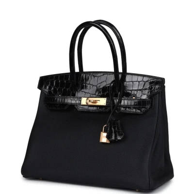 Hermes Birkin 30 Black Shiny Niloticus Crocodile and Togo Touch Rose Gold Hardware Hermes Birkin 30 Black Shiny Niloticus Crocodile and Togo Touch Rose Gold Hardware